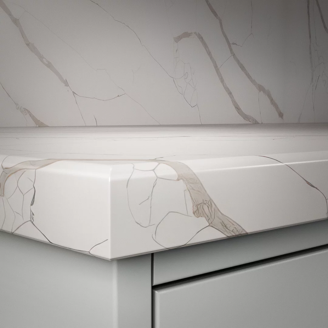 Detaljbild av DecoForms bänkskiva Crystal Calacatta Silva (Kantbearbetning: Avrundad)