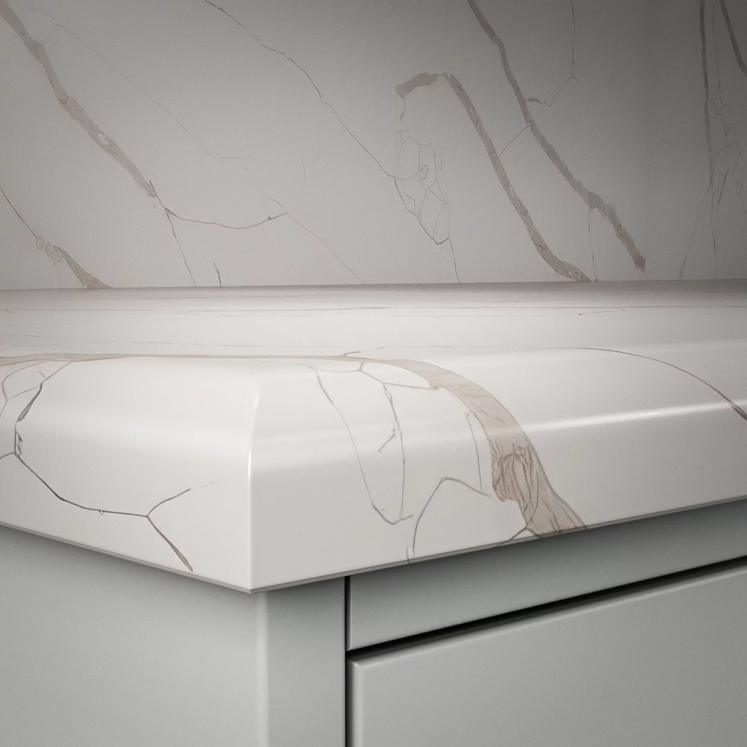 Detaljbild av DecoForms bänkskiva Crystal Calacatta Silva (Kantbearbetning: Halvrund)