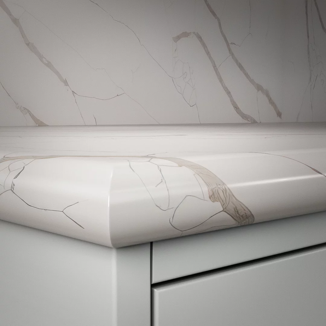 Detaljbild av DecoForms bänkskiva Crystal Calacatta Silva (Kantbearbetning: Helrund)