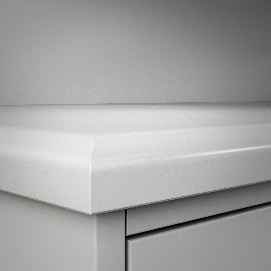 Detaljbild av DecoForms bänkskiva Noble Supreme White (Kantbearbetning: Halvrund)